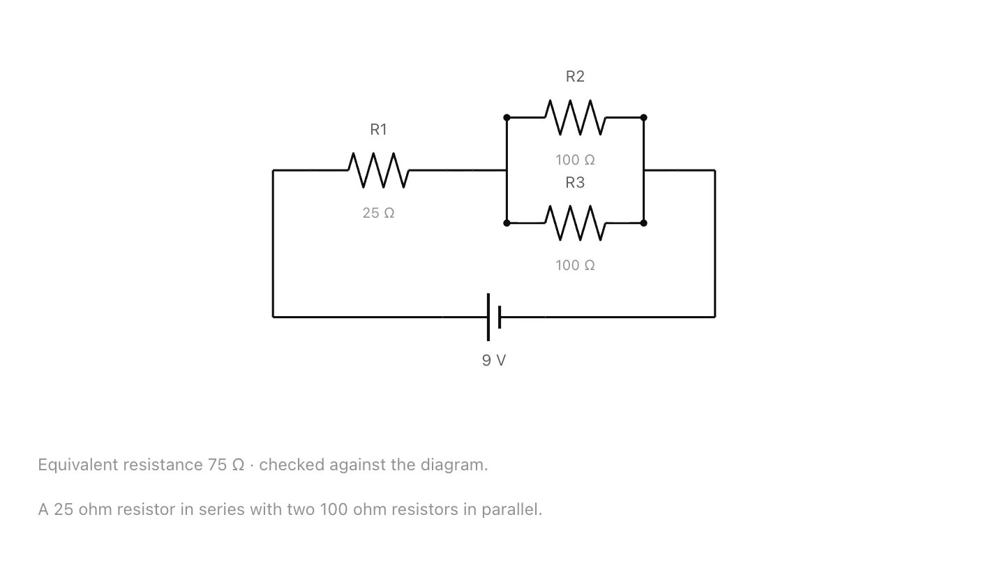A circuit with one resistor in series with two more in parallel, and the equivalent resistance stated.