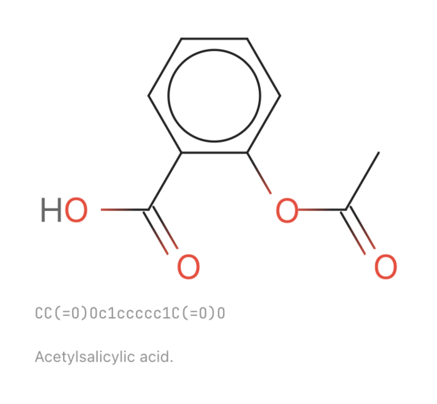 The structure of acetylsalicylic acid, drawn from its SMILES string.