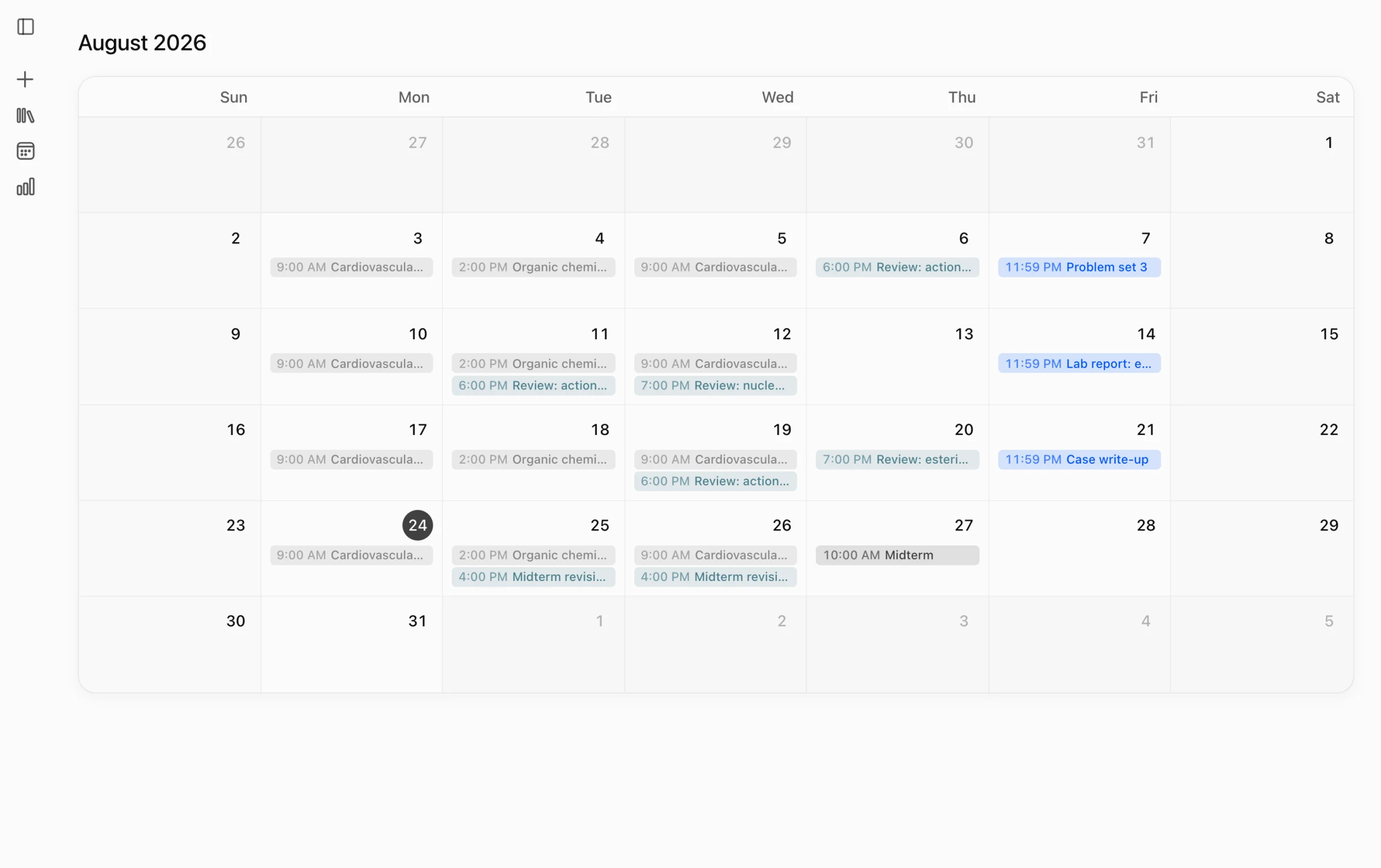 A month of the Nemesis calendar: two courses, their assignments and exam, and the review blocks Nemesis scheduled between them.